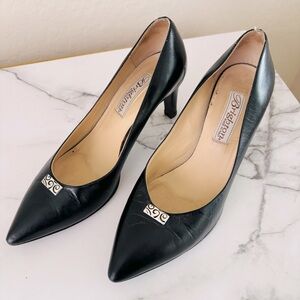 Brighton Black Leather Young Heels with Silver Accents Size 6.5‎ M